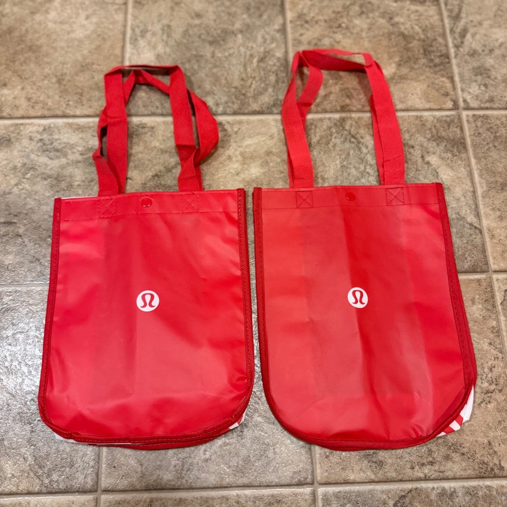 Lululemon Athletica Small Reusable Red White Logo Tote Shopping Bag Set of 2